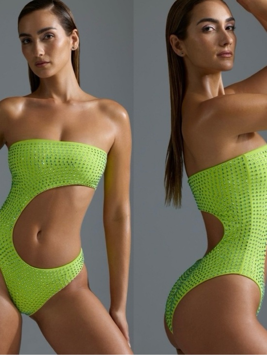 Oh Polly Other - Oh Polly Embellished Acid Lime Green Cutout Swimsuit